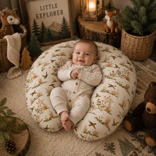 Wild Duck Pattern Nursing Pillow Cover | Neutral Woodland Nursery Gift