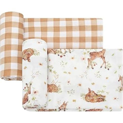 LifeTree Baby Swaddle Blankets, Boys Girls Muslin Swaddling Wrap Receiving Blanket for Newborn, 70% Viscose from Bamboo and 30% Cotton, Large 47" x 47", Deer and Checkered