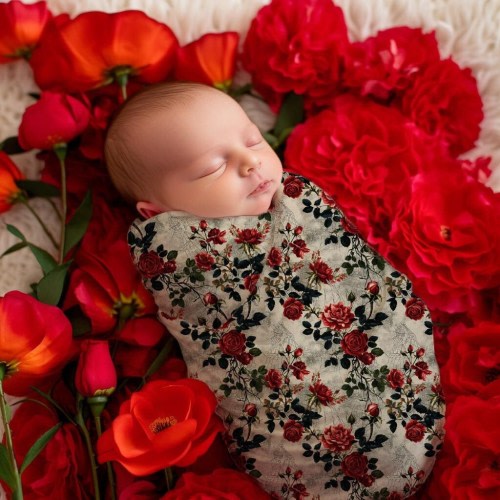 Gothic Red Roses Newborn Swaddle Set, Baby Girl Floral Headband / Bow Hat / Beanie, Hospital First Photo Outfit, Pretty Flower Shower Gift