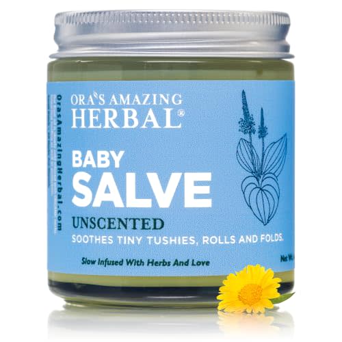 Baby Salve, Diaper Balm Ointment, Drool Rash Prevention, Natural Diaper Cream, Calendula Thyme Burdock Cream, Baby Eczema Acne and Rash Treatment, 4 oz, Ora’s Amazing Herbal