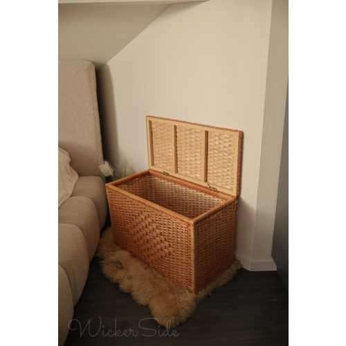 Vintage Handamde Wicker Storage Trunk, Rattan Laundry Basket with Lid, Natural Woven Blanket Chest, Large Toy Box, Boho Home Organizer