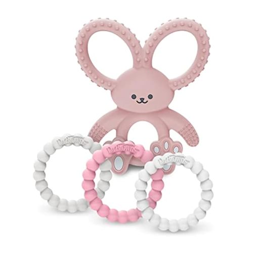 Dr. Brown’s Flexees Beaded Teether Rings and Bunny, 100% Silicone, Soft & Easy to Hold, Encourages Self-Soothe, 4-Pack, Pink, White, Gray, BPA Free, 3m+