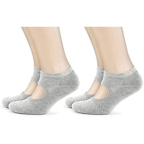 GoWith 2 Pairs Women Non-Slip Yoga Socks, 80% Cotton Pilates Fitness No Show Socks, Workout Grey Black Socks, Shoe Size: 5-10