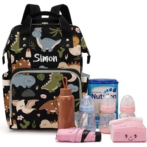 Cute Tropical Dinosaur Large Capacity Custom Diaper Bag for Baby Boy Girl Waterproof Personalized Name Diaper Bag Backpack with Multi-Pocket Customized Mom Travel Daypack for Baby Essentials