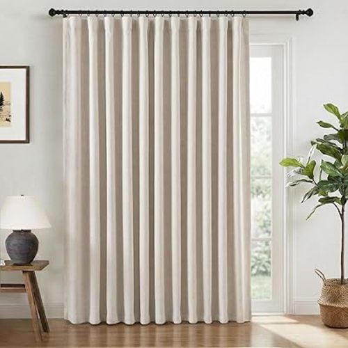 INOVADAY 100% Blackout Curtains for Bedroom, Black Out Curtains 96 Inch Long, Clip Rings Linen Blackout Drapes, Thermal Insulated Room Darkening for Living Room, 1 Panel - Beige,W102xL96