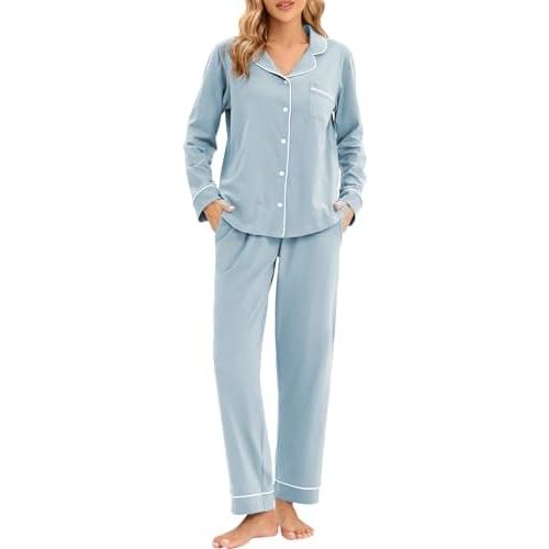 LUBOT 100% Cotton Pajamas for Women PJ Set Soft Button-Down 2 Piece Set Knitted Long Sleeve Sleepwear Loungewear XS-XXL