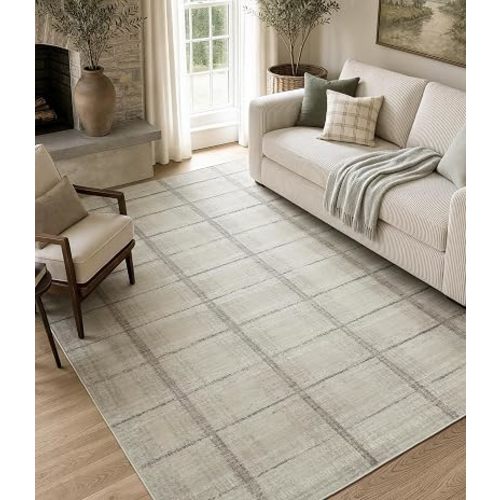 5x7 Beige Ivory Distressed Plaid Area Rug for Living Room