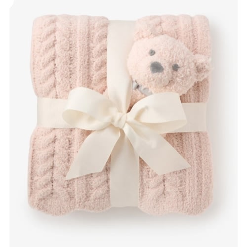Pale Pink Cable Feather Knit Baby Blanket + Rattle Gift Set