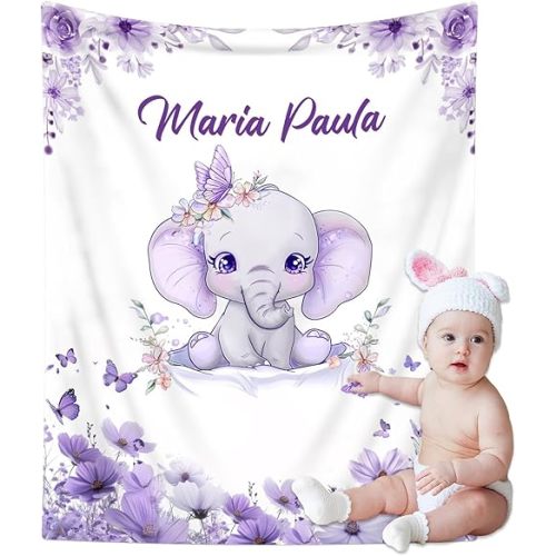 Personalized Baby Blanket with Name, Custom Baby Blanket for Kids Soft Flanne Blankets in Easter Personalized Baby Gifts for Infant Newborn Shower (Purple)