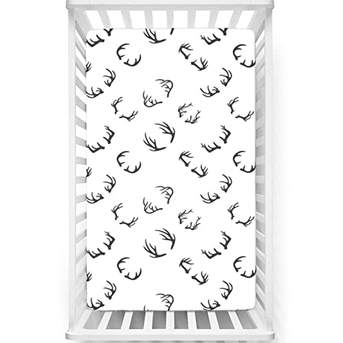 Deer Themed Fitted Mini Crib Sheets,Portable Mini Crib Sheets Soft Toddler Mattress Sheet Fitted-Crib Mattress Sheet or Toddler Bed Sheet, 24“ x38“,Charcoal Grey White
