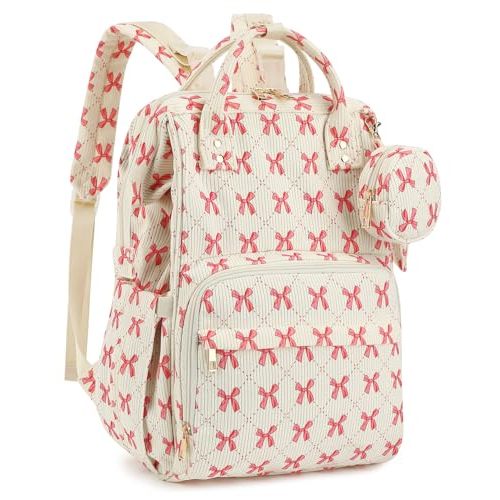 Corduroy Diaper Bag Backpack, Large Capacity Multifunction Baby Diaper Bags for Women, Insulated Bottle Pockets & Pacifier Case, Stylish Travel Nappy Changing Bags for Mom Dad (Bow Pink)