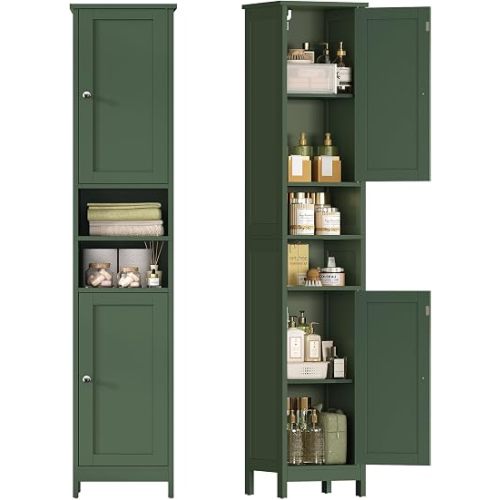 TEENFON 67" Tall Bathroom Cabinet with Adjustable Shelves and Doors, Narrow Bathroom Storage Cabinet for Small Space, Living Room, Entryway, Kitchen, Green
