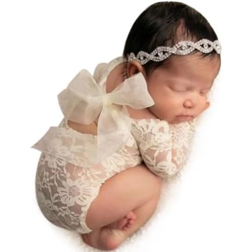 Newborn Photography Prop Girls Outfits Newborn Lace Romper with Headband Infant Princess Costume