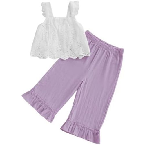 Amiblvowa Little Kids Toddler Girls Summer Clothes Eyelet Tank Ruffle Wide Leg Pant Set 2Pcs Outfits Fashion Baby Clothing