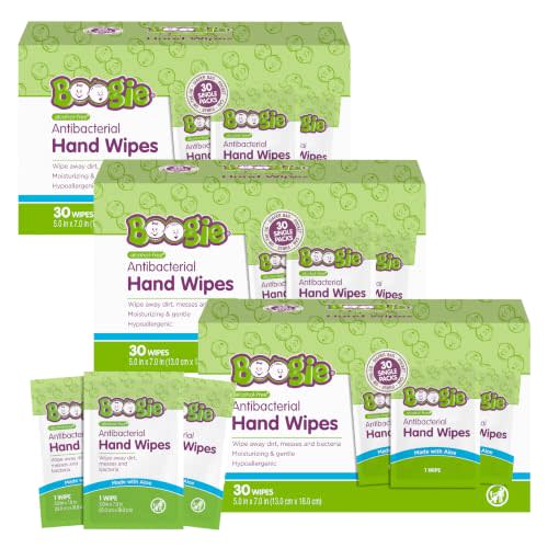 Boogie Antibacterial Hand Wipes - 90 Count | Hypoallergenic & Alcohol-Free, Individually Wrapped, Travel and Diaper Bag Essential