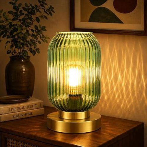 Mid Century Modern Gold Table Lamp with Ribbed Green Glass Shade