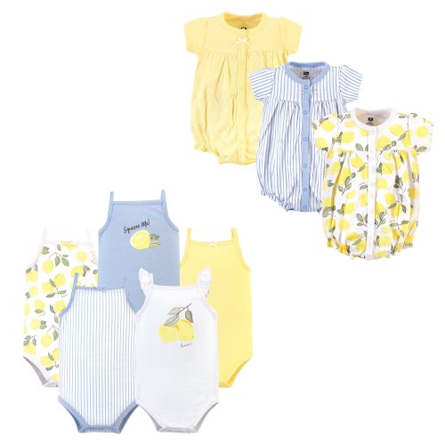 Hudson Baby Infant Girl Cotton Bodysuits and Rompers, 8-Piece, Yellow Lemon