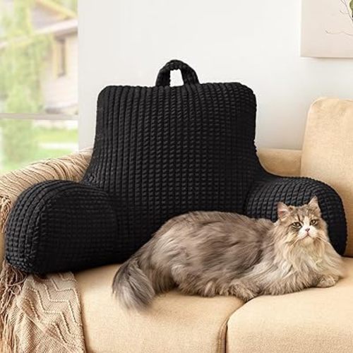 Love's cabin Reading Pillow for Bed, Memory Foam Back Pillow for Bed Sitting Up, Bed Rest Pillow with Arms and Pockets for Adults, Back Support Pillow for Bed, Couch and Chair, Black