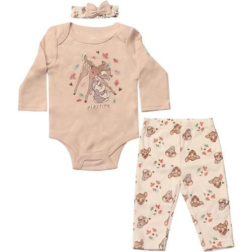 Magic Threadz Disney Clothes Baby Girls Bodysuit, Pants & Headband Set – Minnie Mouse, Bambi, Marie & Tinkerbell (0–9M)