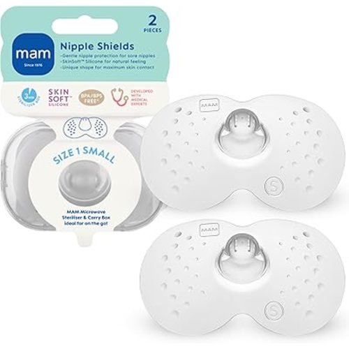 MAM Breastfeeding Nipple Shields with Sterilizing Storage Case, Nipple Shields for Nursing Newborn, Size 1 Small 17mm, 2-Count, Clear