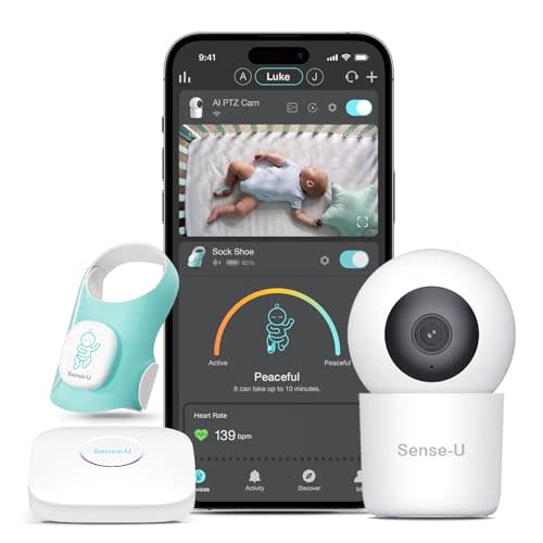 Sense-U Baby Sock Shoe Bundle Smart Baby Monitor: Sock Shoe Plus 2.5K PTZ Camera - Track Heart Rate, Sleep Movement, Heartbeat, Pan-Tilt-Zoom Video, AI Cry Detection, Audio, FSA/HSA Eligible