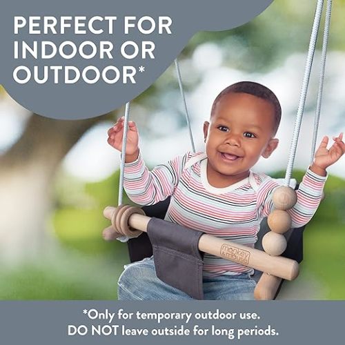 Monkey & Mouse Baby Swing Seat, Secure Canvas and Wooden Hanging Swing Chair for Baby, Infant, Toddler, Kids Toys - Indoor and Temporary Outdoor Hammock for Indoor Playground, Tree Swings or Backyard - Cream