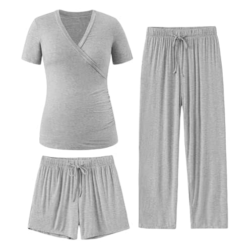 PATPAT 3-Piece Maternity Nursing Pajamas, Womens Lounge Set with Pockets | Pregnancy through postpartum, everyday sleepwear, soft fabric, easy nursing access, adjustable waistband, shorts and pants