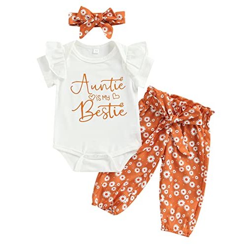 MAINESAKA Newborn Baby Girls 3pcs Outfit Set Auntie's Bestie Romper + Floral Pants Clothing Set