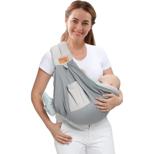 Baby Sling Carrier Newborn, Adjustable Easy Wearing Baby Nursing Warp Sling, New Mom Dad Soft Cotton Baby Front Holder Carrier for Infant Toddler Life Travel Essential Gifts (Mesh Grey)