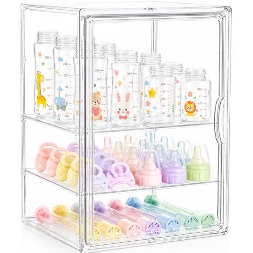 Baby Bottle Storage Organizer for Countertop Cabinet | X-Large 3 Tier Adjustable Acrylic Bottles Storage Organizer Container Station Case Clear Box for Kitchen, Gifts for New Mom