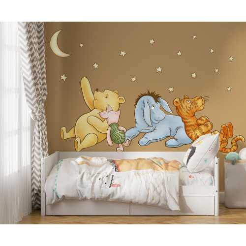 Fairy Winnie the Pooh nursery wall sticker, large moon and stars vinyl large mural decal, boy girl room decor