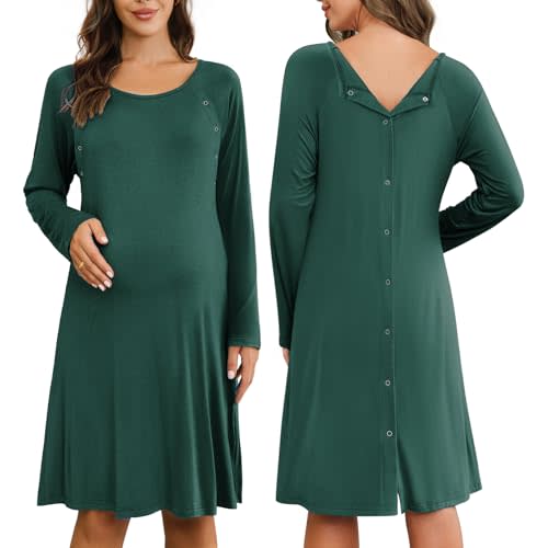 Ekouaer Women Maternity Nightgown Labor Delivery Nursing Gown Hospital Breastfeeding Dress Button Down Long Sleeve Sleepwear