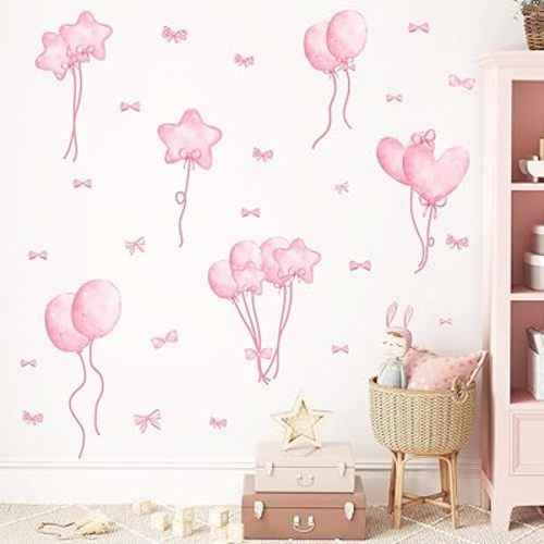 Watercolor Pink Wall Stickers Baby Girls Wall Decals Pink Balloons Wall Stickers for Girls Bedroom Peel and Stick Star Hearts Bow Art Vinyl Murals for Kids Playroom Nursery Daycare Baby Room Decor