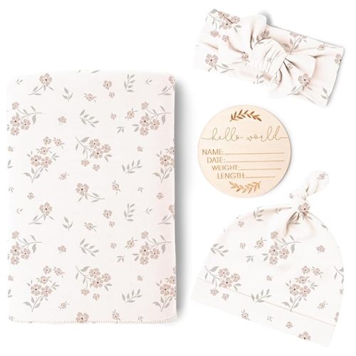 Konssy Baby Girl Newborn Receiving Blanket with Matching Headband and Beanie Set Baby Swaddle Nursery Swaddle Wrap