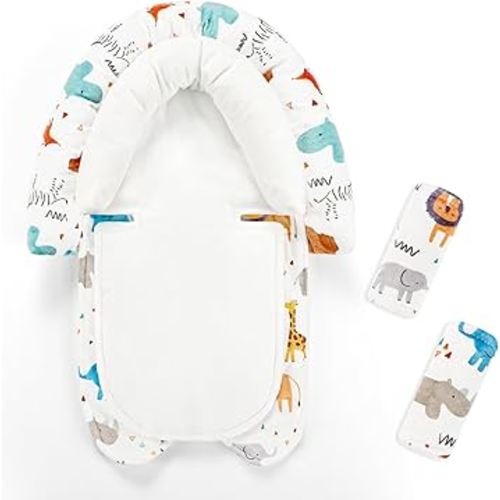 Infant Car Seat Insert & Strap Cover for Baby Boys, 2 in 1 Carseat Head Support Newborn, Ultra Soft Car Seat Cushion for Babies, Plush Fabric, Fit for Swing, Car Seat, Stroller, Bouncer, White