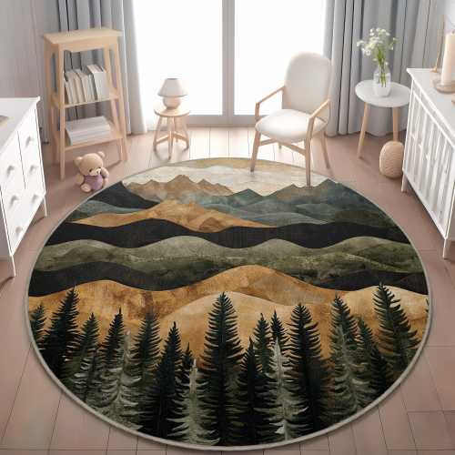 Mountain Print Rug, Landscape Art Rug, Abstract Mountain Rug, Green and Gold Mountain Landscape Rug, Abstract Forest and Mountain Carpet