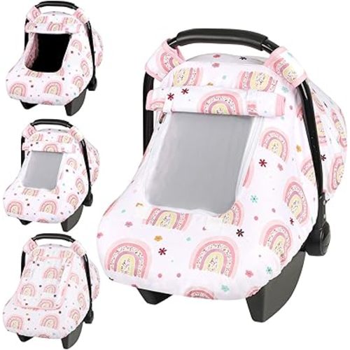 Pea Pod Car Seat Cover Baby, Infant Car Seat Canopy Covers with 2 Layers Windows of Breathable Mesh Fabric, Lightweight Polyester, Soft Minky Dot Backing (Rainbow & Floral Pattern)