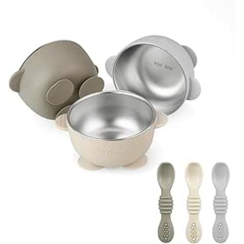 PandaEar 3 Pack Stainless Steel Suction Baby Bowls & 3 Baby Feeding Spoons | Non-Slip Stay Put Bowls & Soft Silicone First Stage Spoons for Toddlers, BPA-Free Baby Led Weaning Set (Linen Brown Grey)