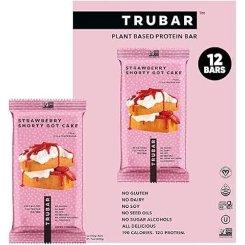 TRUBAR Vegan Protein Bar, Strawberry Shorty Got Cake, Gluten Free, Plant Based Protein, Dairy Free, Non GMO, Soy Free, No Sugar Alcohols, 12G Protein, 12G Fiber, 23G Carb, On the Go Snack Bars, 12 CT
