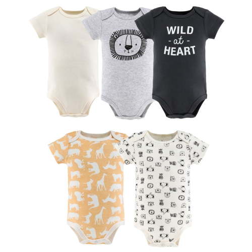 The Peanutshell Baby Boy or Baby Girl Short Sleeve Bodysuits, 5 Pack, Safari Animals