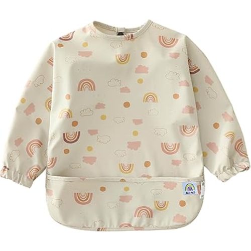 ARI MES Waterproof Long Sleeve Baby Bib for Eating-Rainbow Pattern, Large-Toddler Smock with Catch-All Pocket, BPA Free, Machine Washable, Wearable Feeding Bib for Boys & Girls 6-72 Months