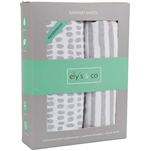 Waterproof Bassinet Sheet,No Need for Bassinet Mattress Pad Cover, 2 Pack Taupe Splash & Stripes,Unisex for Baby Boy and Baby Girl