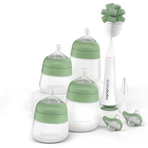 Nanobebe Silicone Baby Bottle Flexy Set with Anti-Colic Nipples, Bottle Brush and Pacifiers - 5oz and 9oz - Sage
