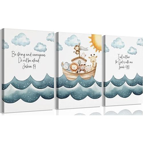 3Pcs Children's Bible Verse Wall Art Noahs Ark Nursery Painting picture Christian Inspirational Wall Decor Religious Educational Posters Prints for Kids Bedroom Classroom Home Decoration 12x16in