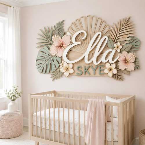 Tropical Nursery Name Sign, 3D Wood Name Sign, Floral Baby Girl Name Decor, Personalized Crib Sign, Plumeria Flower Wall Art, Boho Nursery
