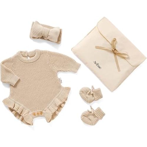 Avibae Cotton Newborns Set with Knit Sweater, Hair Band, Booties for Baby Girls, Warm Cute Infant 3 Piece Set