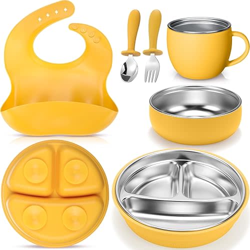 Nuogo 6 Pcs 304 Stainless Steel Kids Plates and Bowls Set Stainless Steel Suction Bowls and Toddler Cup with Removable Silicone, Forks Spoons Pocket Bib for Baby Toddle(Yellow,Round)