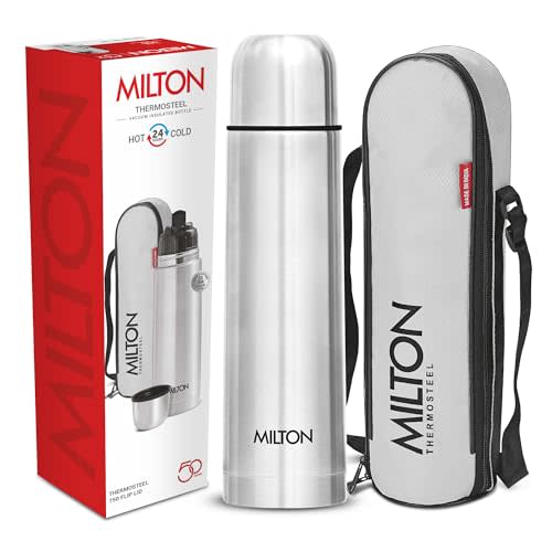 Milton Thermosteel Flip Lid 750, Double Walled Vacuum Insulated Thermos 750 ml | 25 oz | 24 Hours Hot and Cold Water Bottle with Cover, Stainless Steel, BPA Free, Leak Proof | Silver