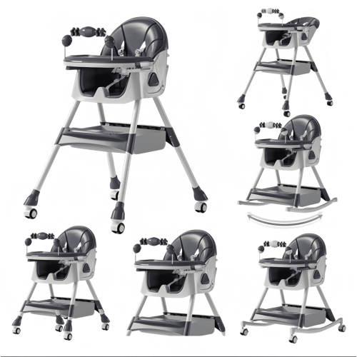 5-in-1 Baby High Chair & Rocking Chair & Baby scooter & Feeding Chair with Toy Rack for for 0 Months to 3 Years,Convertible,Grey