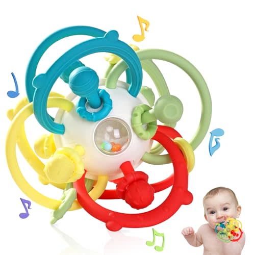 Baby Rattle Ball Teething Toys for 0 3 6 9 12 18 Months Boys Girls, Beige | Silicone Montessori Teethers with Rattle Ball for Newborn Infant, Sensory Delopmental Gift